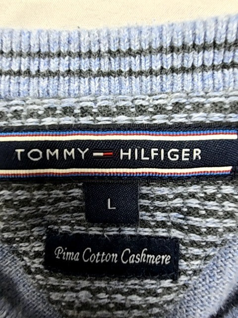 Tommy Hilfiger Men's Light Blue V-Neck Cable Knit Sweater L Pima Cotton Cashmere