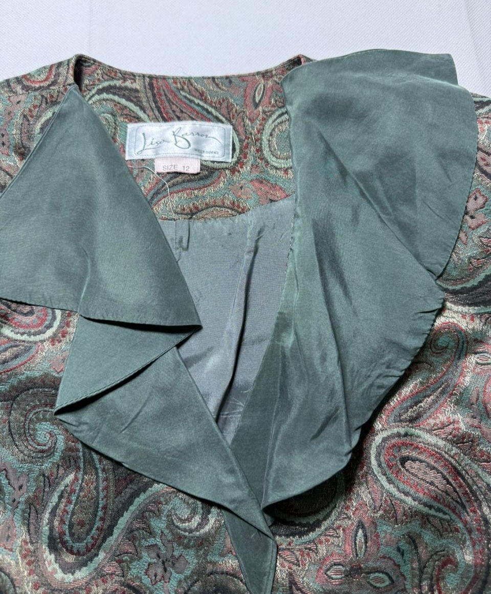 Vintage Paisley Printed Set Top And Skirt Green Brown Retro Women's Size 12