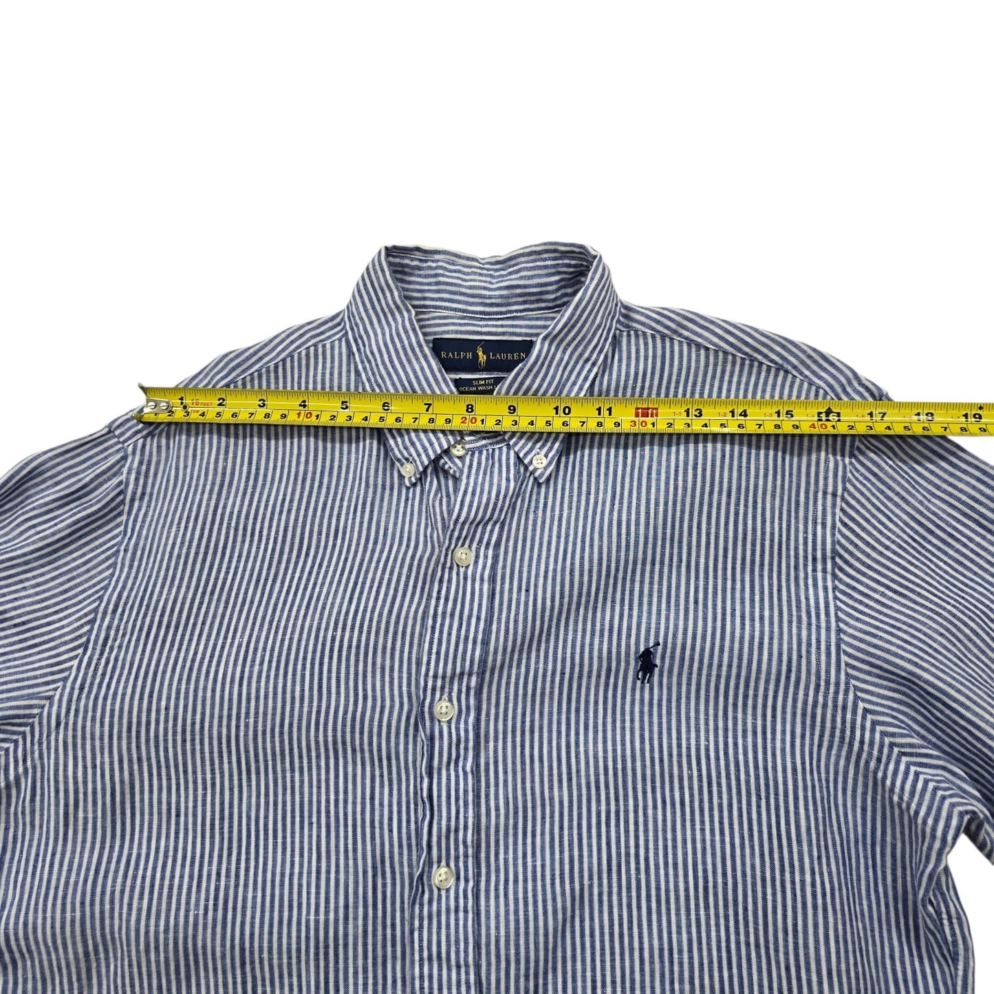 RALPH LAUREN Men's Blue White Striped Linen Shirt L Slim Fit