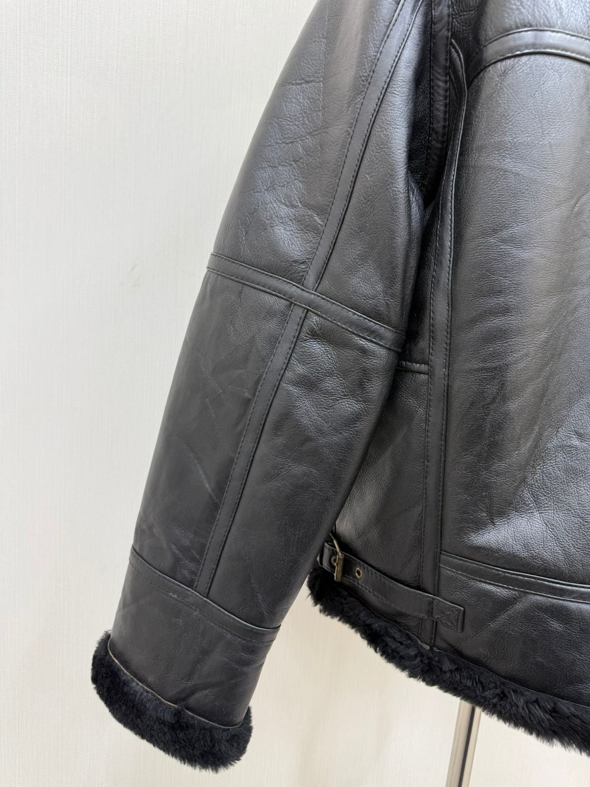 Men's Italian Sheepskin Leather Bomber Jacket Black Premium Soft Fur Size Asian L