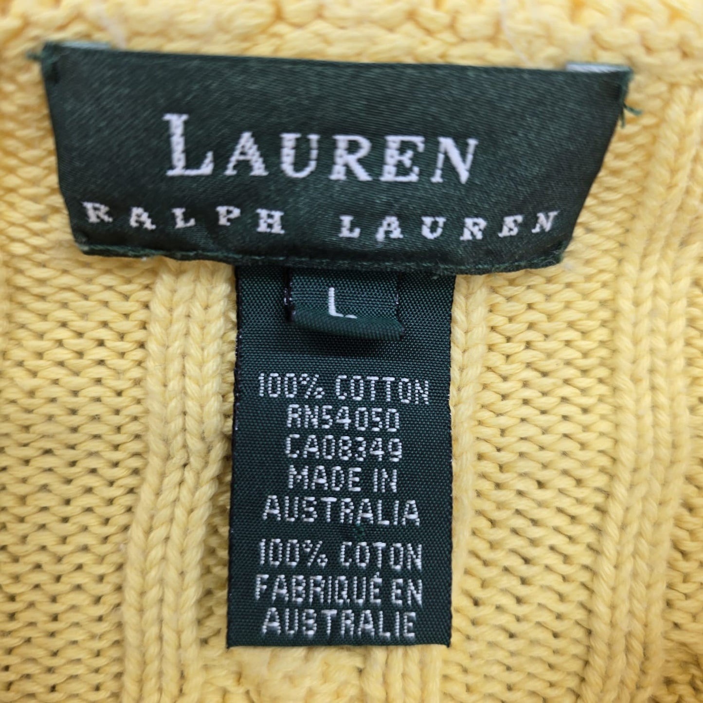 RALPH LAUREN Green label Cable Knit Crewneck Sweater Yellow L Cotton Long Sleeve