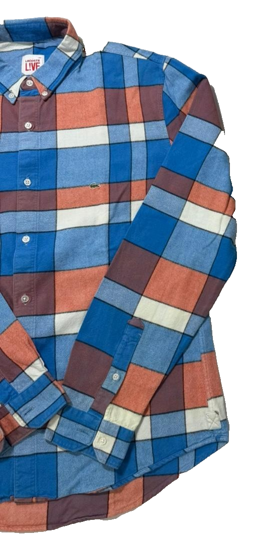 Lacoste Live Men's Long Sleeve Button Down Shirt Plaid Check Blue Orange White