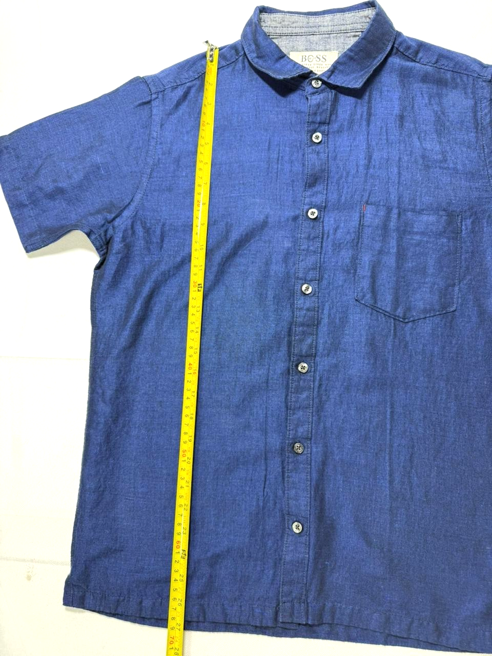 Boss Regular-Fit Short-Sleeve Button-Down Shirt In Blue Linen - Size M