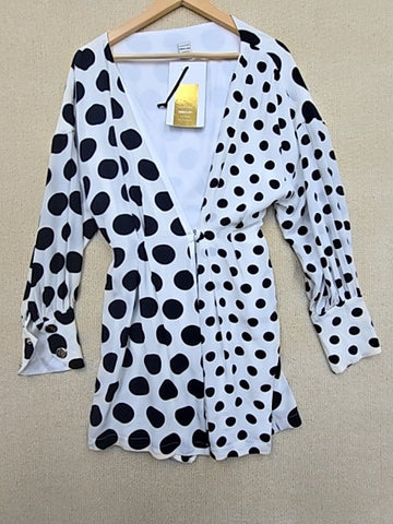 Mother of Pearl Black White Polka Dot Puff Sleeve Women's Dress