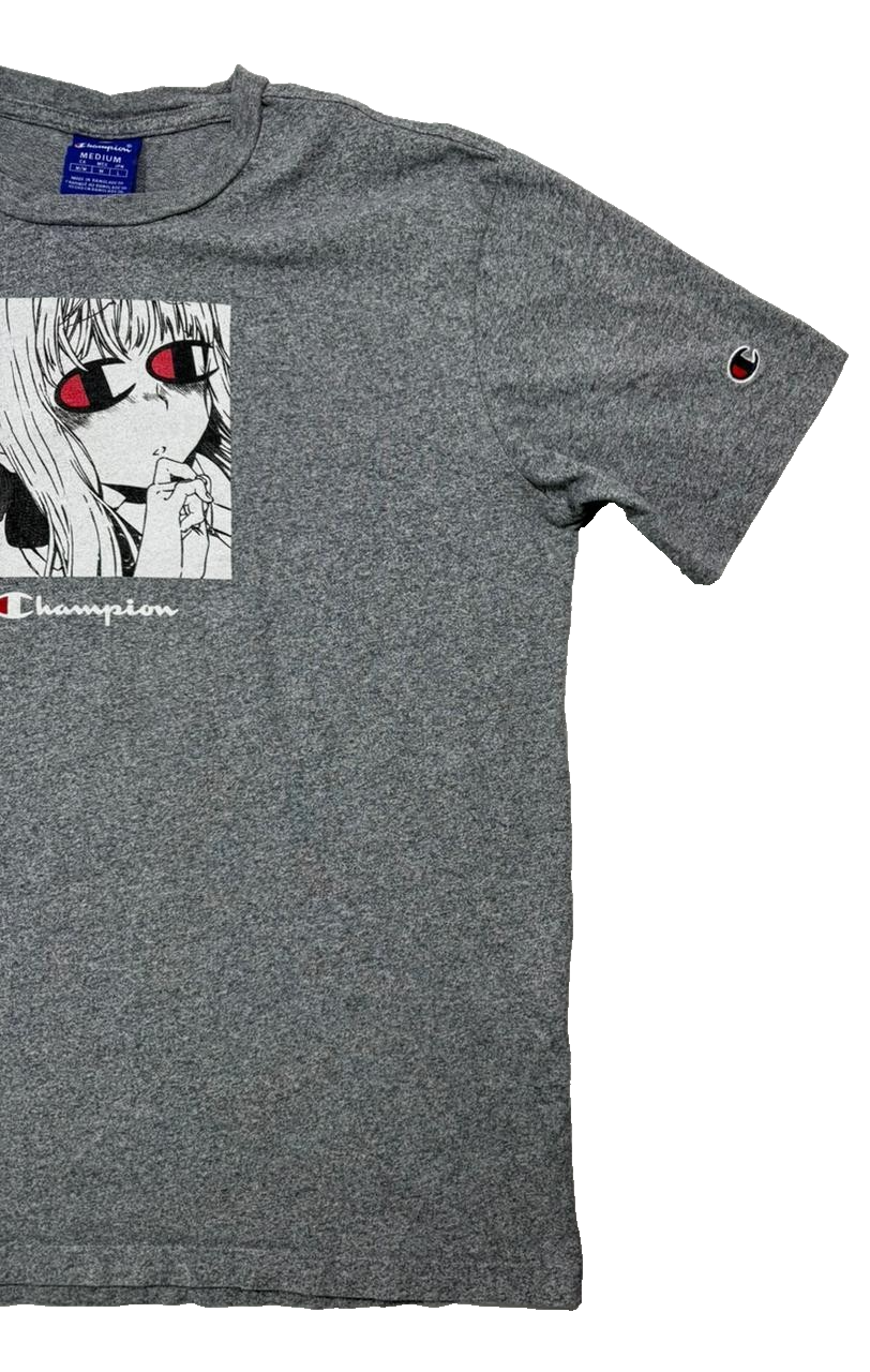 Gray Champion Crewneck T-Shirt With An Anime Graphic Print - Size M