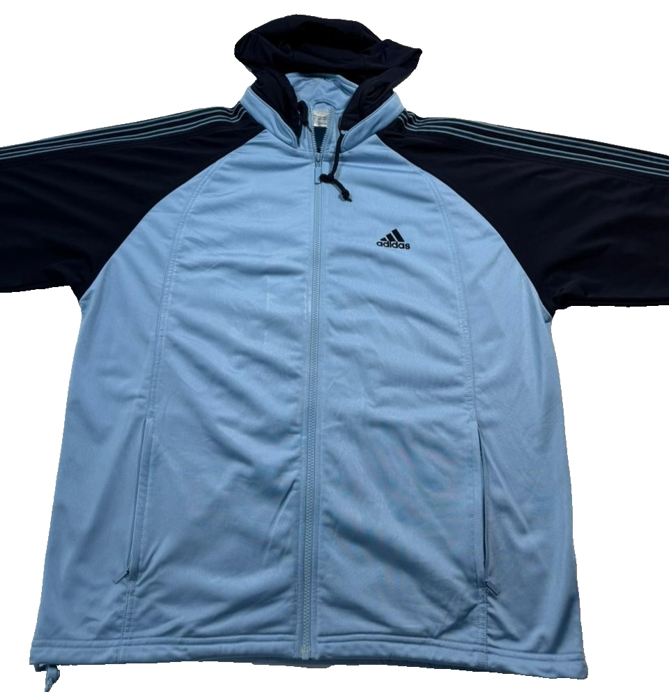 Adidas Track Jacket In Light Blue And Navy Blue With A Hood - Size M