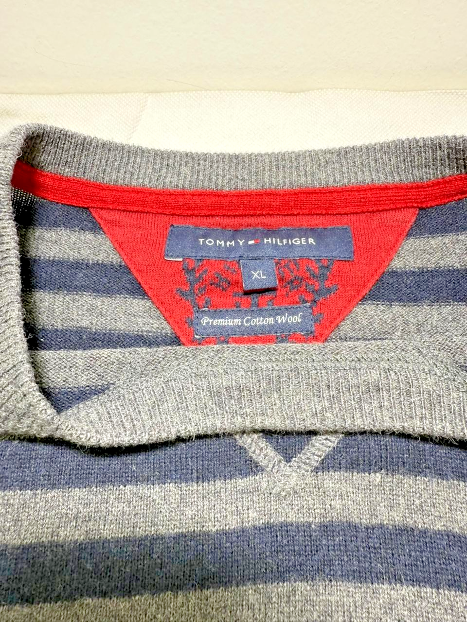 Tommy Hilfiger Men Premium Cotton Wool Stripe Sweater XL Blue Grey