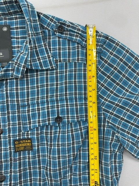 G-Star Women's Blue Check Short Sleeve Slim Shirt L Cotton Pockets
