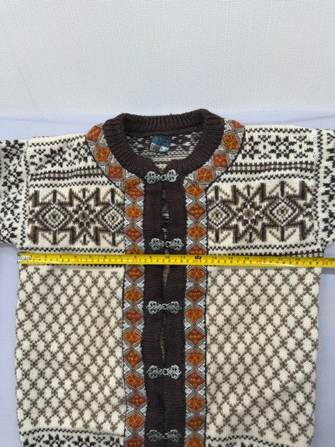 Dale of Norway Fair Isle Wool Cardigan Off White/Brown Crewneck Long Sleeve