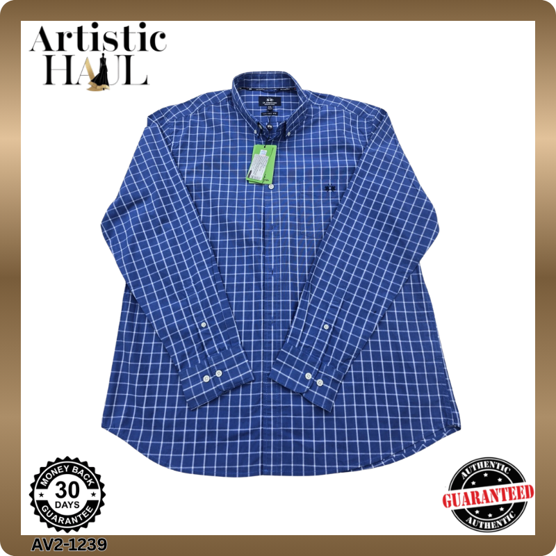 La Martina Men's XXL Blue Checked Cotton Dress Shirt Tailored Long Sleeve