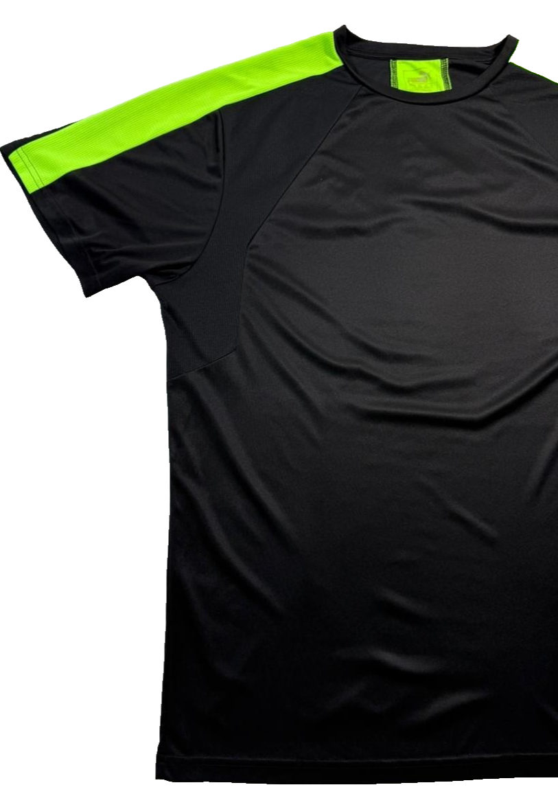 Puma Men's Black Neon Green Stripe Performance Training Soccer Polo-Shirt S/L