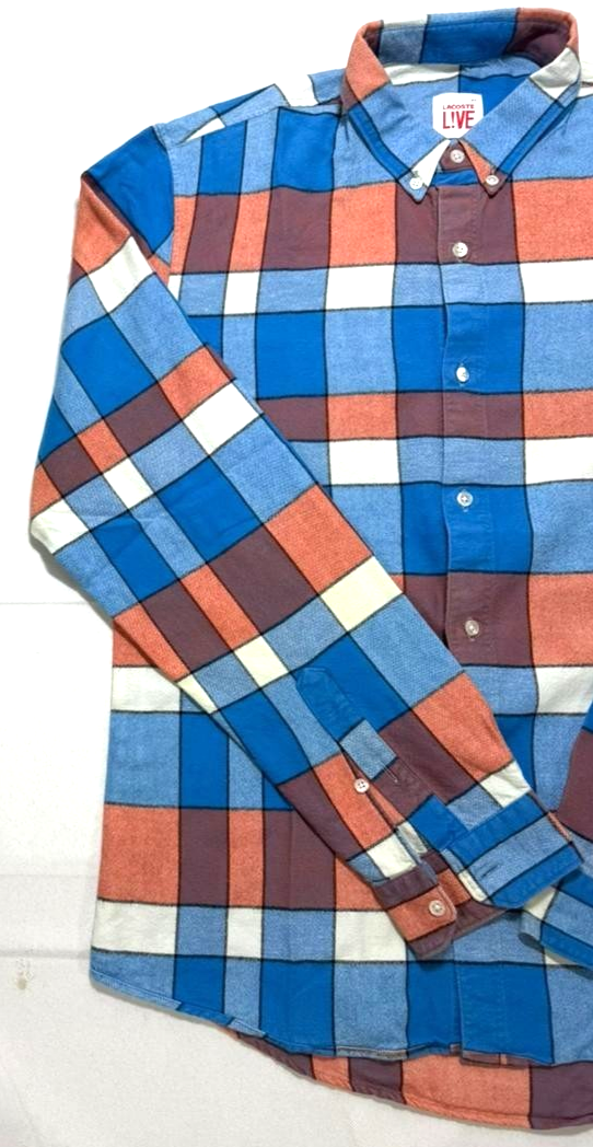 Lacoste Live Men's Long Sleeve Button Down Shirt Plaid Check Blue Orange White