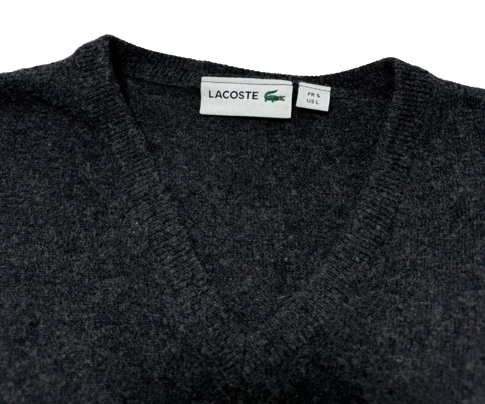 Lacoste Grey Knitted V-Neck Sweater - Size L
