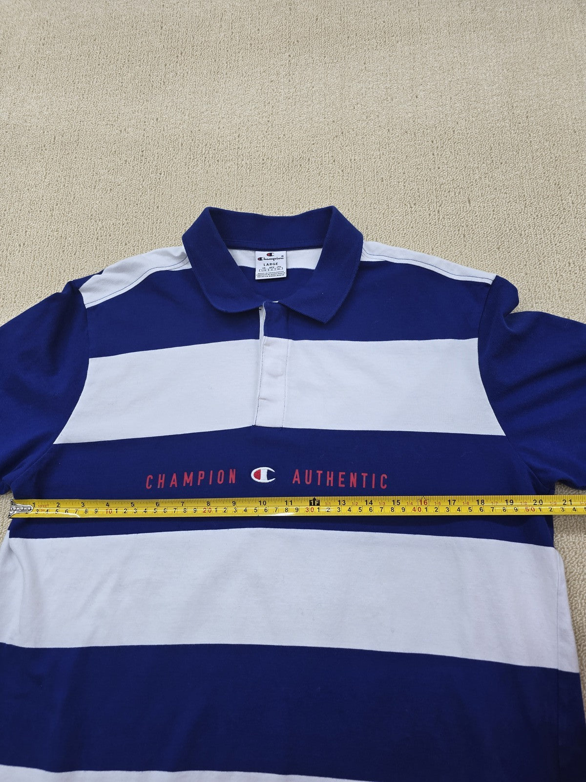 Champion Navy White Striped Polo Shirt Men's Size L 100% Cotton