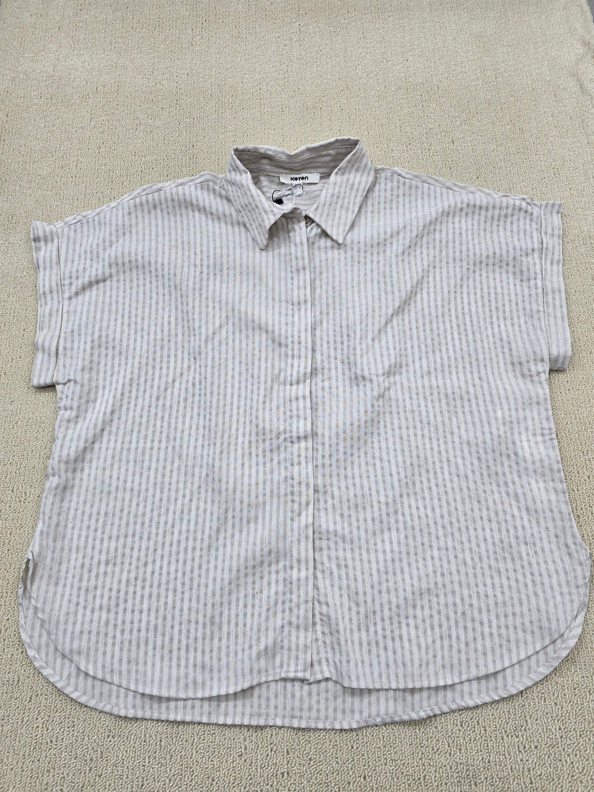 Koton Women's Beige Striped Short Sleeve Linen Shirt Regular Fit