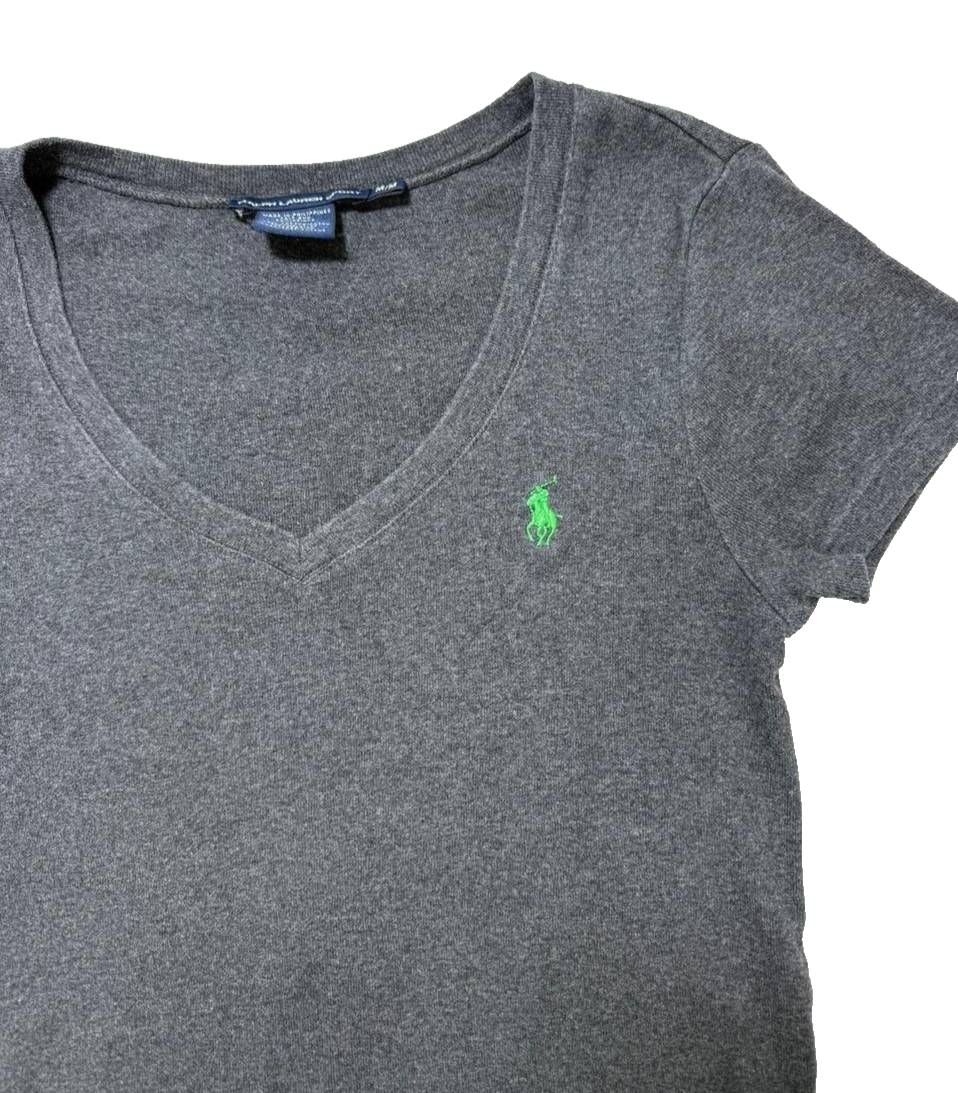 Polo Ralph Lauren Women’s Grey V-Neck T-Shirt Green Logo SIZE M