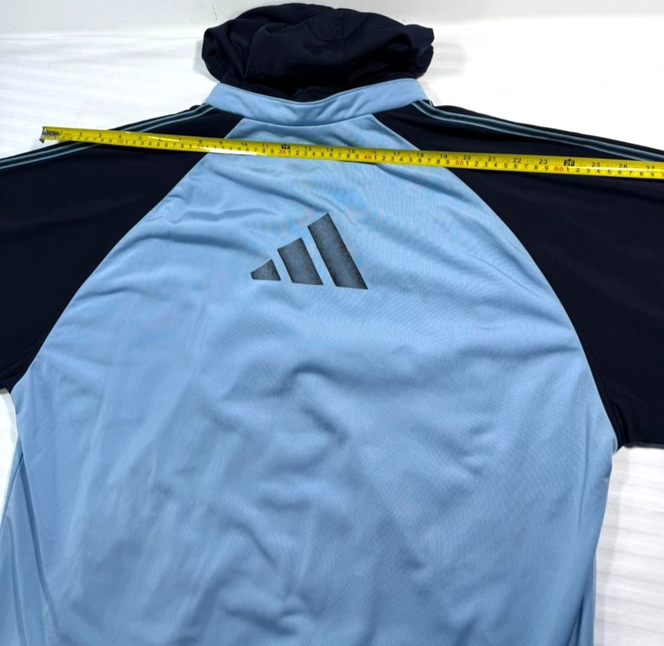 Adidas Track Jacket In Light Blue And Navy Blue With A Hood - Size M