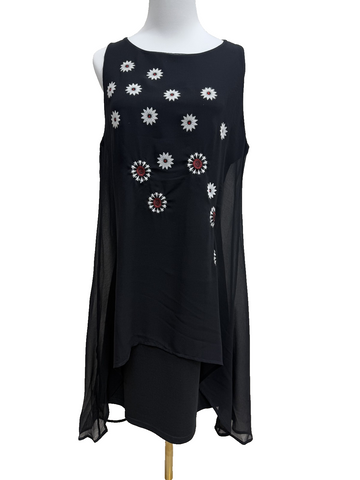 Desigual Black Floral Sleeveless Dress Embroidered Daisies Women M