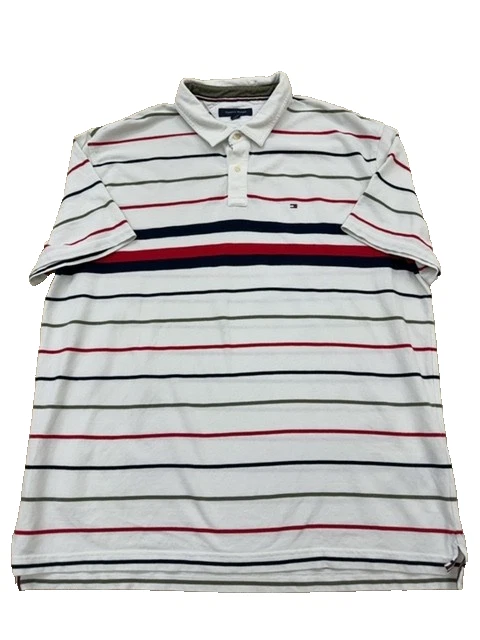 Tommy Hilfiger Men's Striped Polo Shirt Size M Flag Embroidery White/Navy