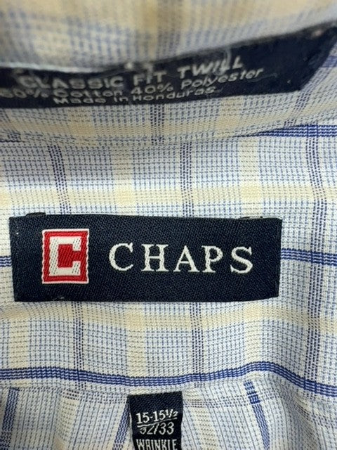 Chaps Blue White Plaid Long Sleeve Button-Down Dress Shirt 15.5 Wrinkle Free