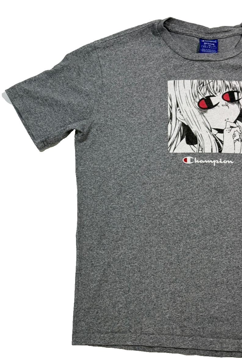 Gray Champion Crewneck T-Shirt With An Anime Graphic Print - Size M