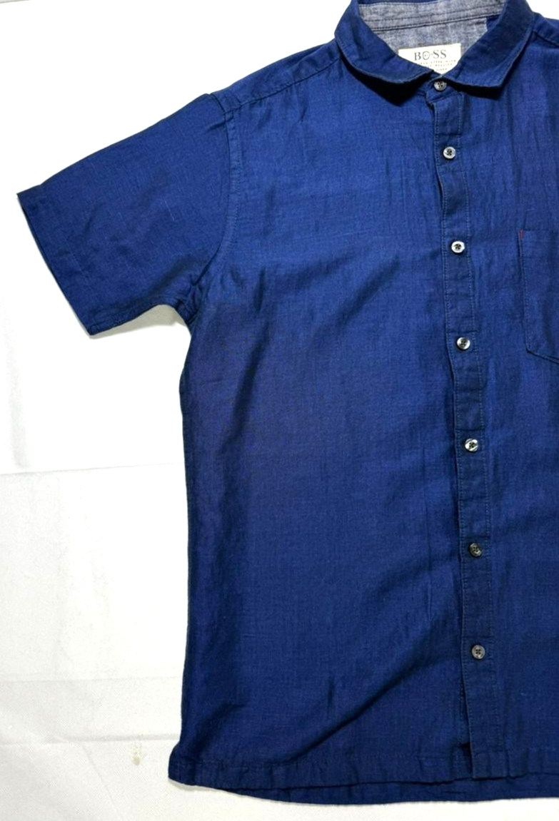 Boss Regular-Fit Short-Sleeve Button-Down Shirt In Blue Linen - Size M