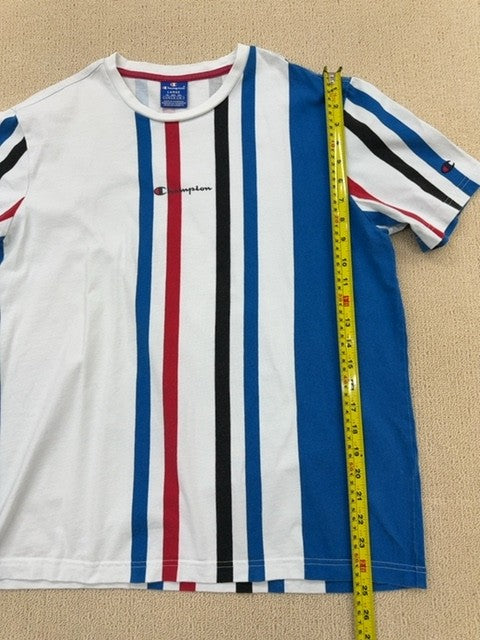 Champion Men's Multi Striped Short Sleeve T-Shirt Large Logo Crewneck
