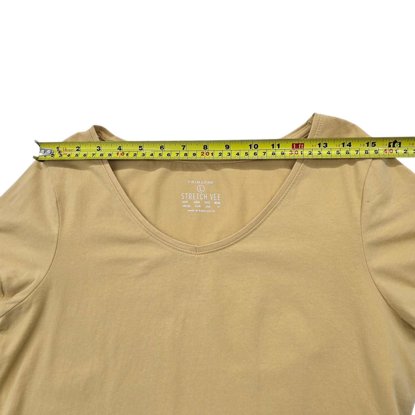 Primark Women's Yellow V-Neck Stretch T-Shirt Size 10/12 Short Sleeve