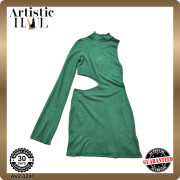 NA-KD Green Mini Turtleneck Dress L Long Bell Sleeve Cut Out Knit