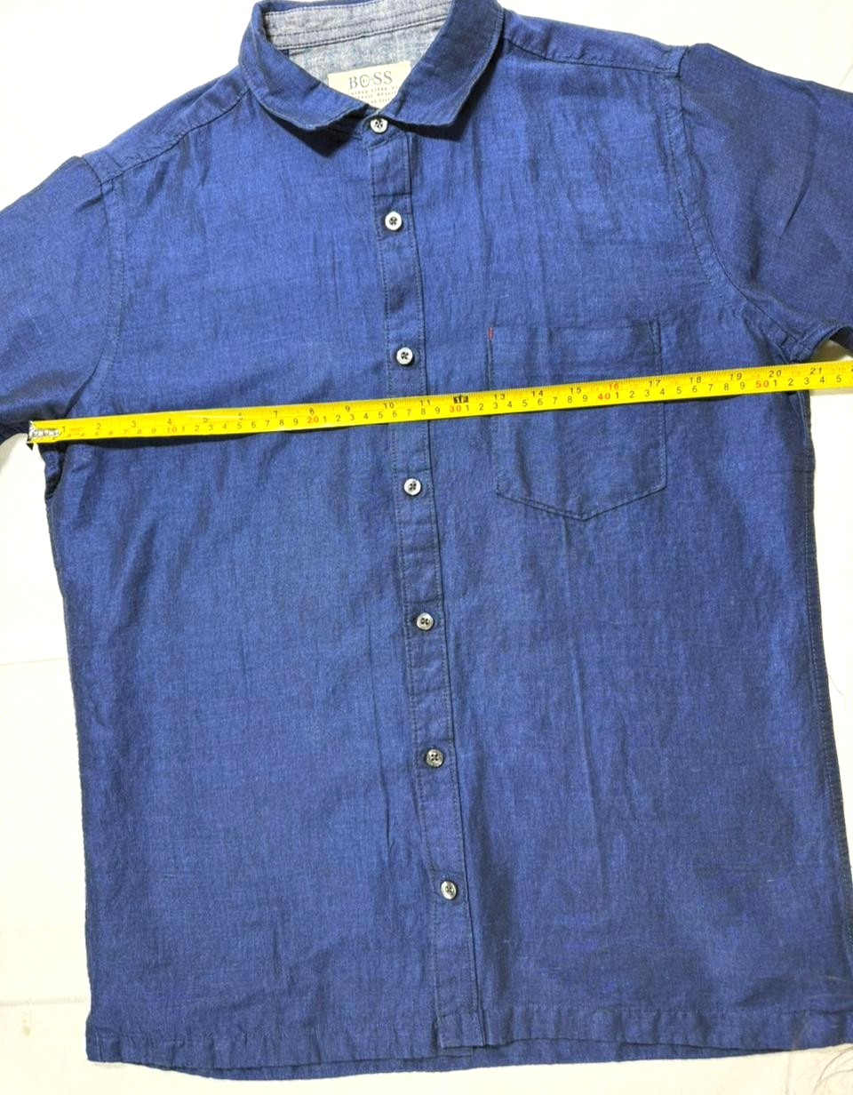 Boss Regular-Fit Short-Sleeve Button-Down Shirt In Blue Linen - Size M