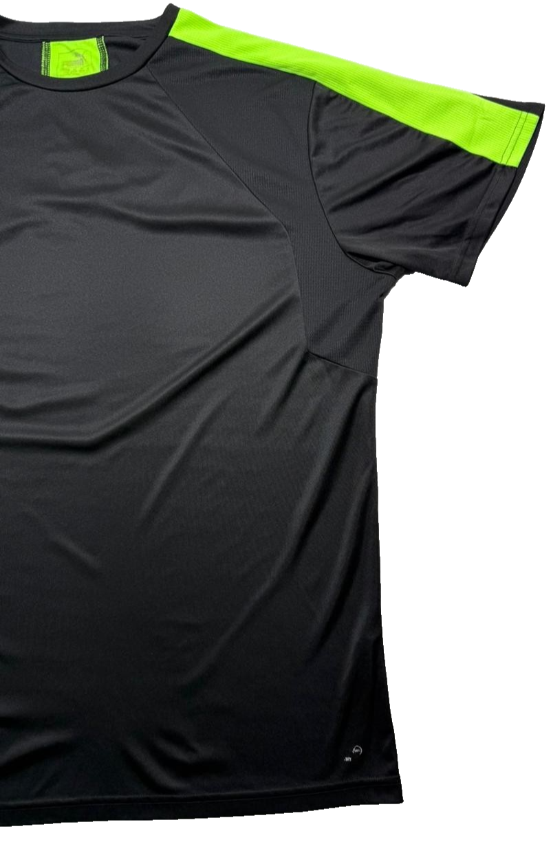 Puma Men's Black Neon Green Stripe Performance Training Soccer Polo-Shirt S/L