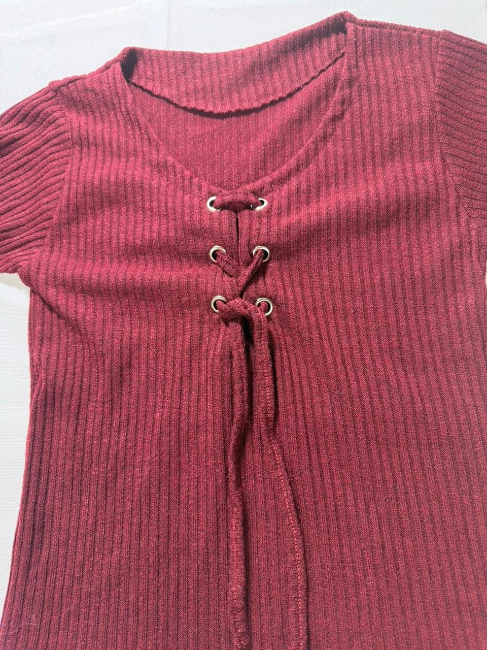 Women's Burgundy Ribbed Short Sleeve Top Lace Up Front Knit Tee | S