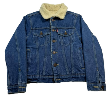 LeviS Teens Blue Denim Sherpa Lined Trucker Jacket Graphic Back Size 8