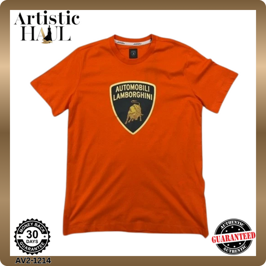 Lamborghini Men's Orange T-Shirt – Size L, Short Sleeve, Cotton