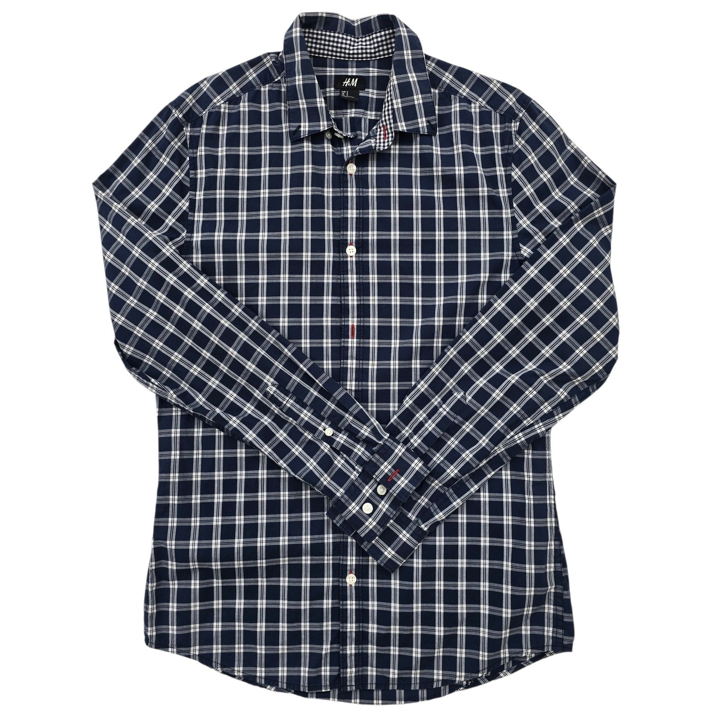 H&M Women's Navy White Check Button-Up Shirt Size S Long Sleeve Collare