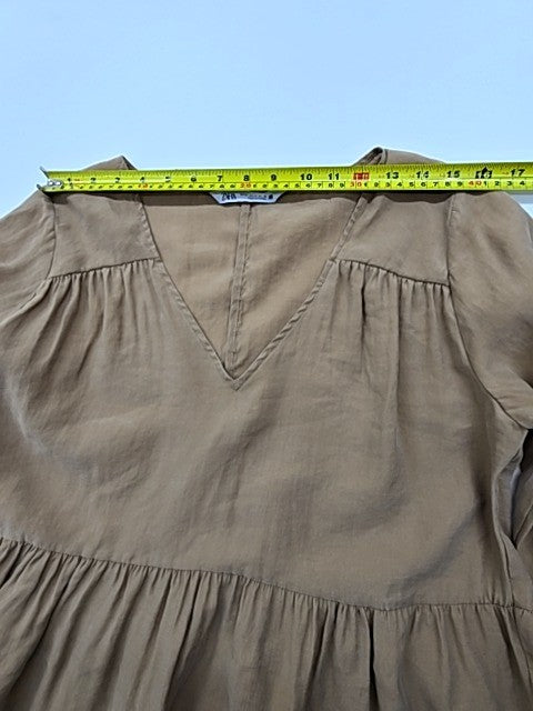 Zara Khaki V-Neck Puffed Sleeve Tiered Knee Dress M