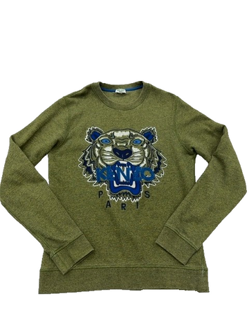 Kenzo Green Crewneck Sweatshirt S Embroidered Tiger Logo Cotton