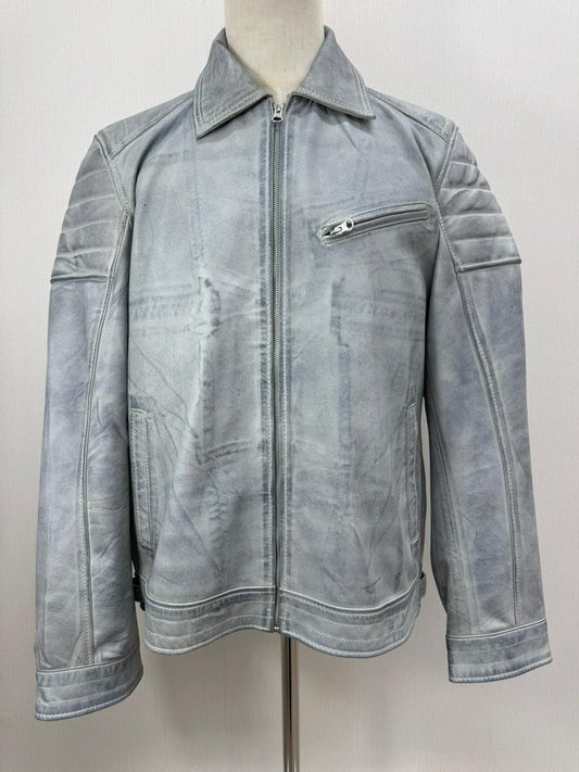 Men's Italian Sheepskin Genuine Leather Premium Soft Jacket Blue Coat Size Large