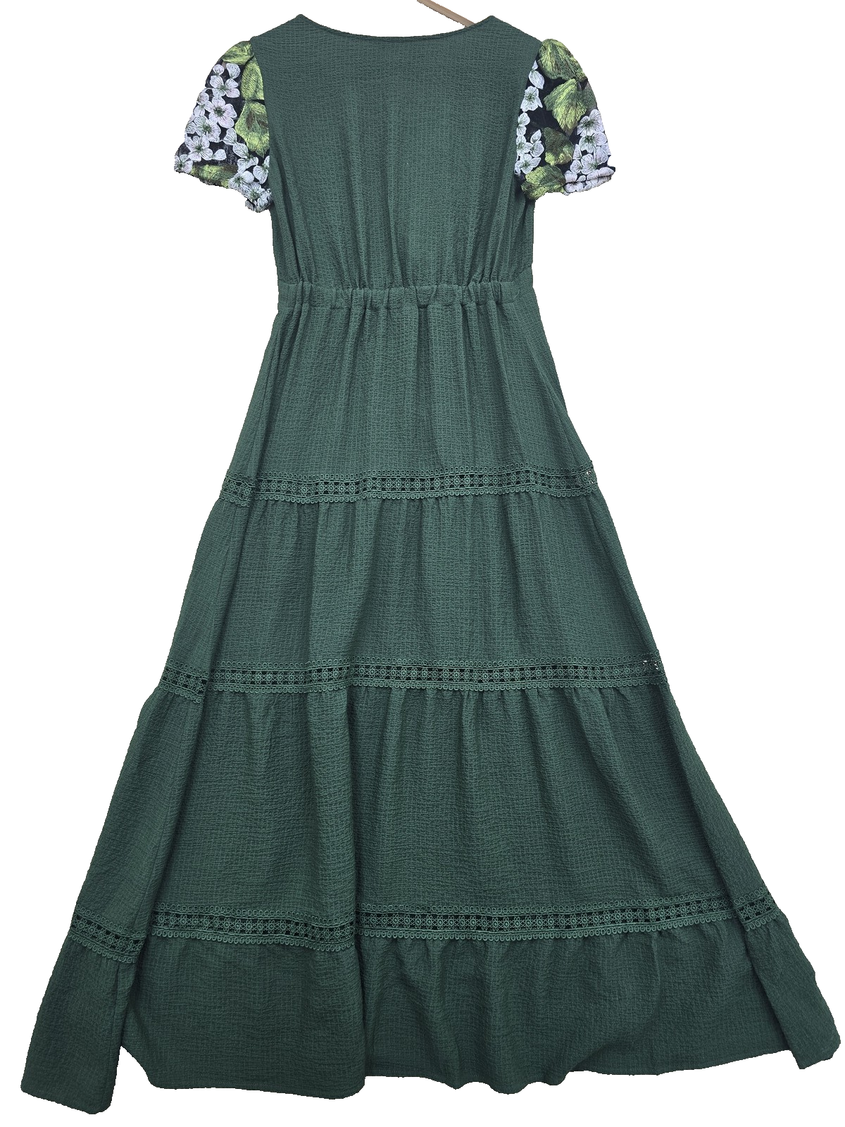 Lulu's Design XS Tiered Floral Olive Green Maxi Dress V-Neck Puff