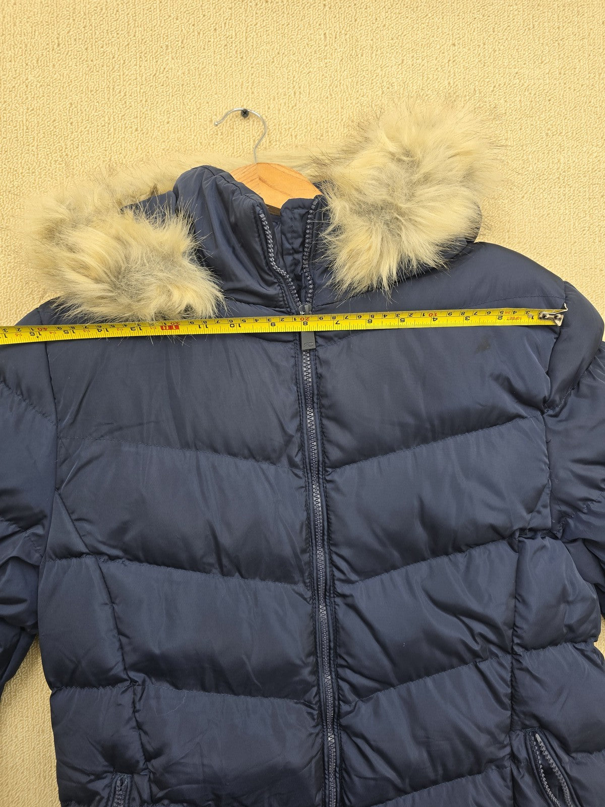 French Connection Women's Navy Puffer Jacket L Longline Faux Fur Hood