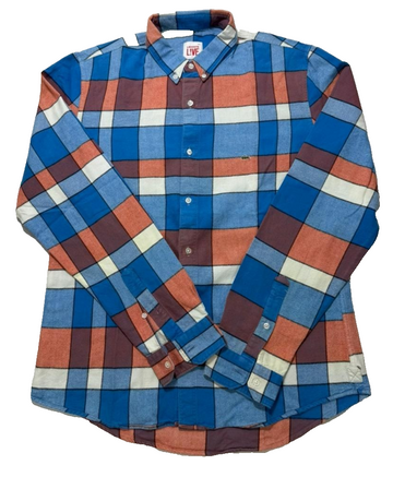 Lacoste Live Men'S Long Sleeve Button Down Shirt Plaid Check Blue Orange White