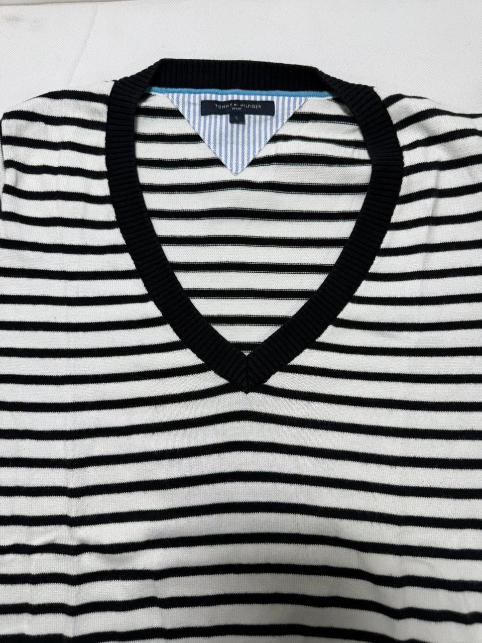 Tommy Hilfiger V-Neck Striped Pullover Sweater Black/White Women's Size L