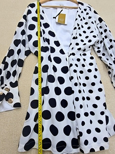 Mother of Pearl Black White Polka Dot Puff Sleeve Women's Dress