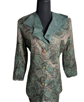 Vintage Paisley Printed Set Top And Skirt Green Brown Retro Women's Size 12
