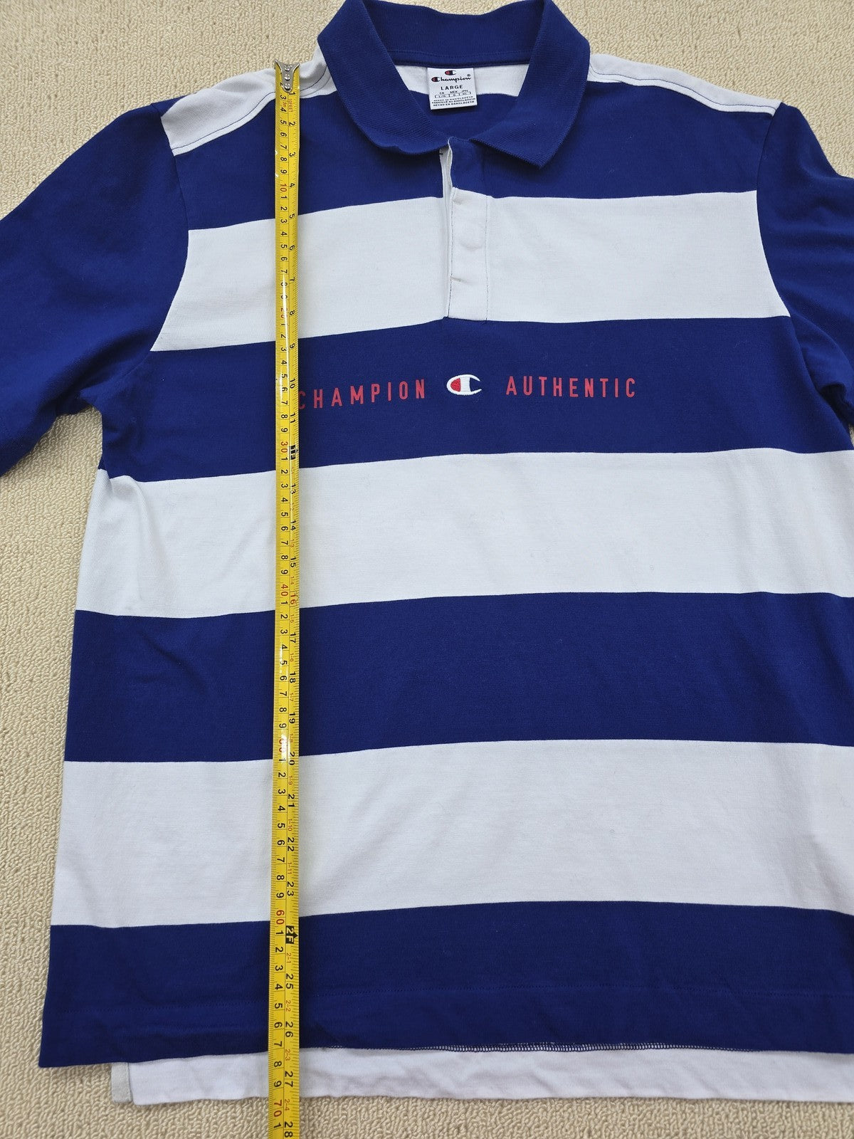 Champion Navy White Striped Polo Shirt Men's Size L 100% Cotton