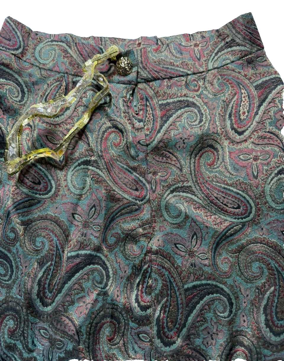 Vintage Paisley Printed Set Top And Skirt Green Brown Retro Women's Size 12