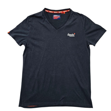 Superdry Men's Navy V-Neck Cotton T-Shirt Size M Orange Trim