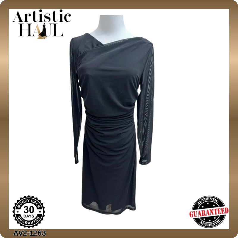Maggy London Size 6 Black Ruched Sheath Cocktail Dress Long Sleeve