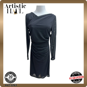 Maggy London Size 6 Black Ruched Sheath Cocktail Dress Long Sleeve
