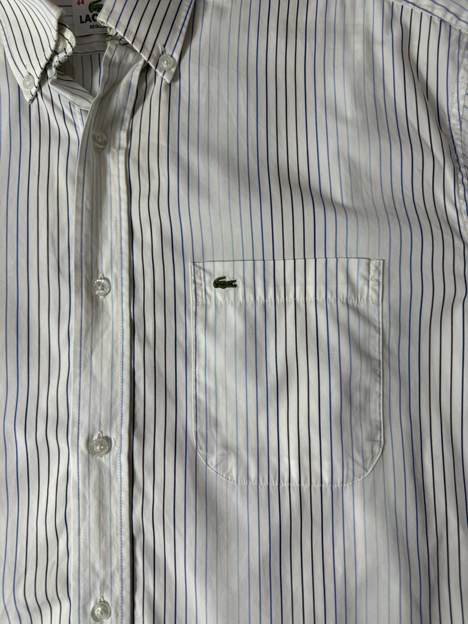Lacoste Men's White Blue Striped Short Sleeve Button Down Shirt Size 44